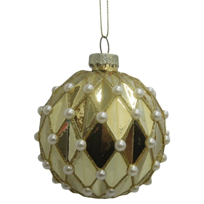 Julekugle m/perler, Ø8 cm, guld