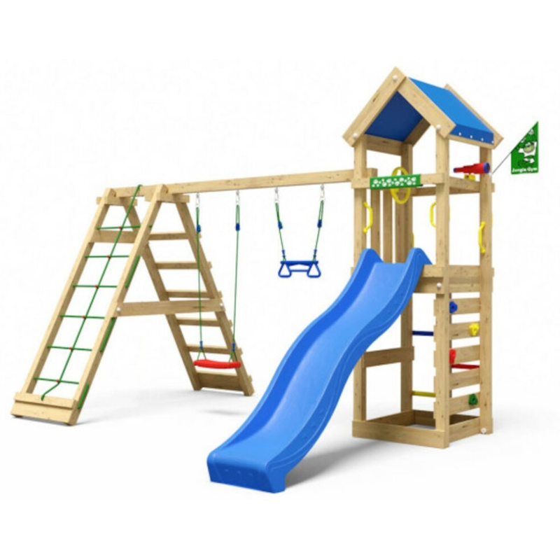 Jungle Gym Patio, Legetårn m/klatremodul og blå rutsjebane, 354x359x263 cm