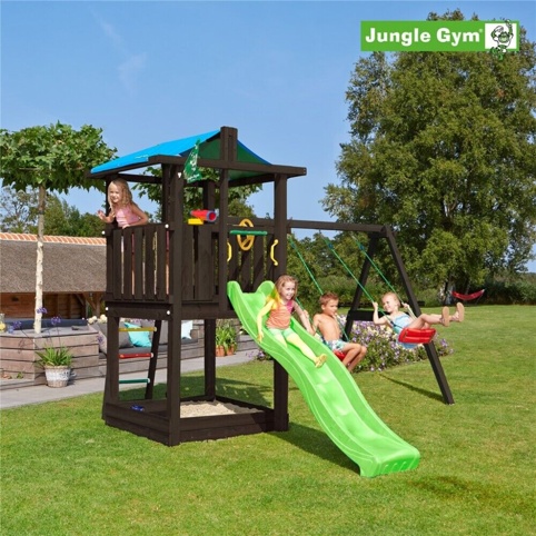 Jungle Gym Hut, Legetårn m/gyngemodul og grøn rutsjebane, 327x347x217 cm