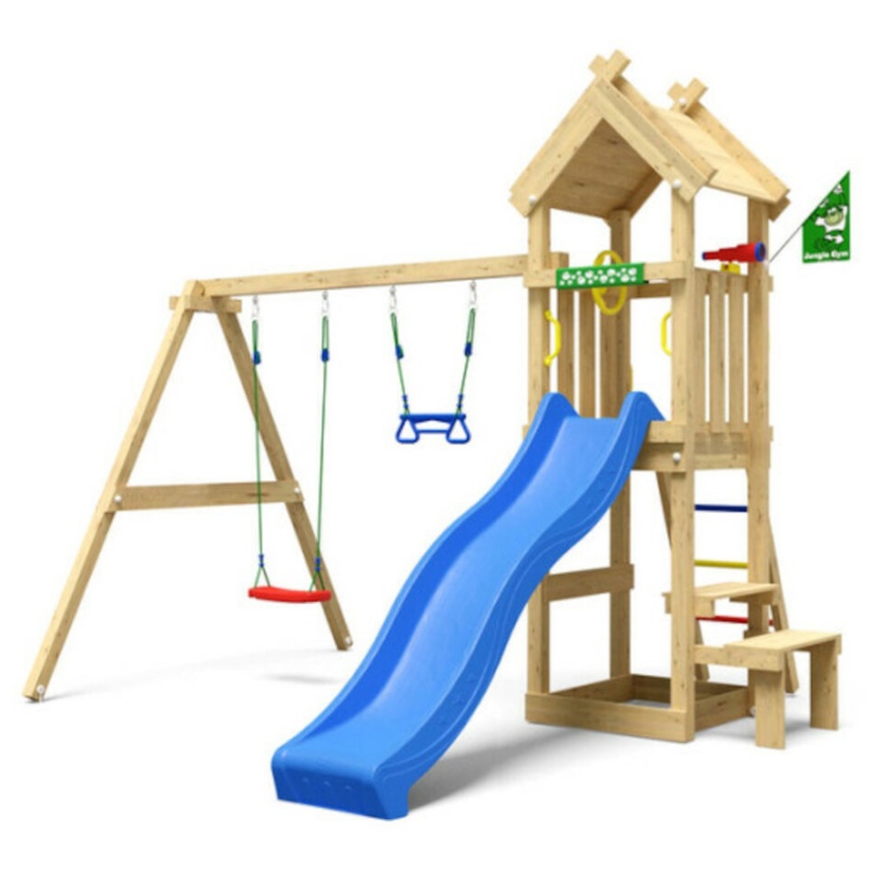Jungle Gym Totem 2, Legetårn m/gyngemodul og blå rutsjebane, 318x354x275 cm