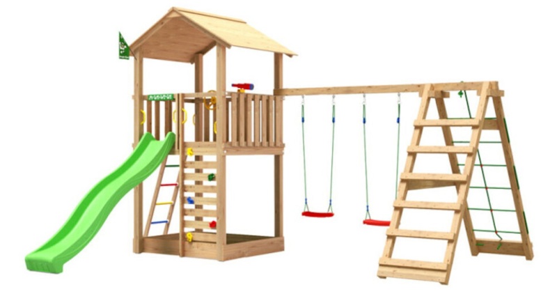 Jungle Gym Sierra, Legetårn m/klatremodul og grøn rutsjebane, 456x511x315 cm