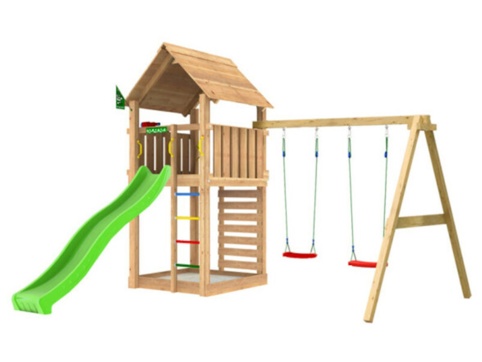 Jungle Gym Cabin 2.1, Legetårn m/klatremodul, grøn rutsjebane og sand, 435x426x302 cm
