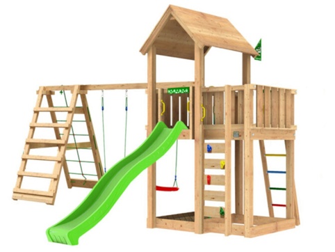 Jungle Gym Mansion 2.1, Legetårn m/klatremodul, grøn rutsjebane og sand, 443x522x332 cm