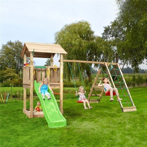 Jungle Gym Casa 2.1, Legetårn m/klatremodul og grøn rutsjebane, natur, 298x399x277 cm