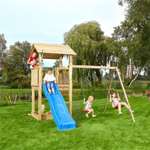 Jungle Gym Casa 2.1, Legetårn m/gyngemodul og blå rutsjebane, 296x332x277 cm