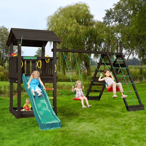 Jungle Gym Casa 2.1, Legetårn m/klatremodul og mørkegrøn rutsjebane, 298x399x277 cm