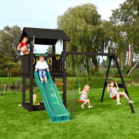 Jungle Gym Casa 2.1, Legetårn m/gyngemodul og mørkegrøn rutsjebane, 296x332x277 cm