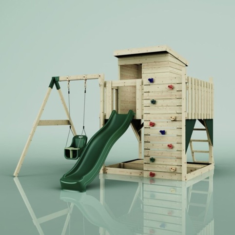 PolarPlay Alma, Legetårn m/gyngemodul og grøn rutsjebane, 306x415x260 cm