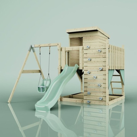 PolarPlay Alma, Legetårn m/gyngemodul og grøn rutsjebane, 306x415x260 cm