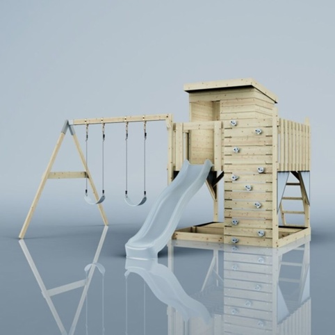 PolarPlay Bjørn, Legetårn m/gyngemodul og blå rutsjebane, 396x415x261 cm