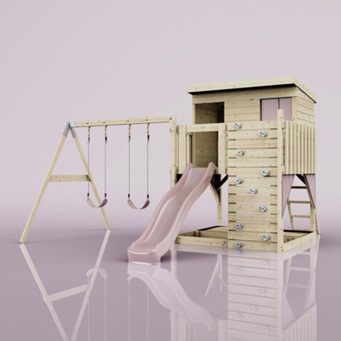 OutdoorToys Nils, Legetårn m/gyngemodul og lyserød rutsjebane, 396x415x260 cm
