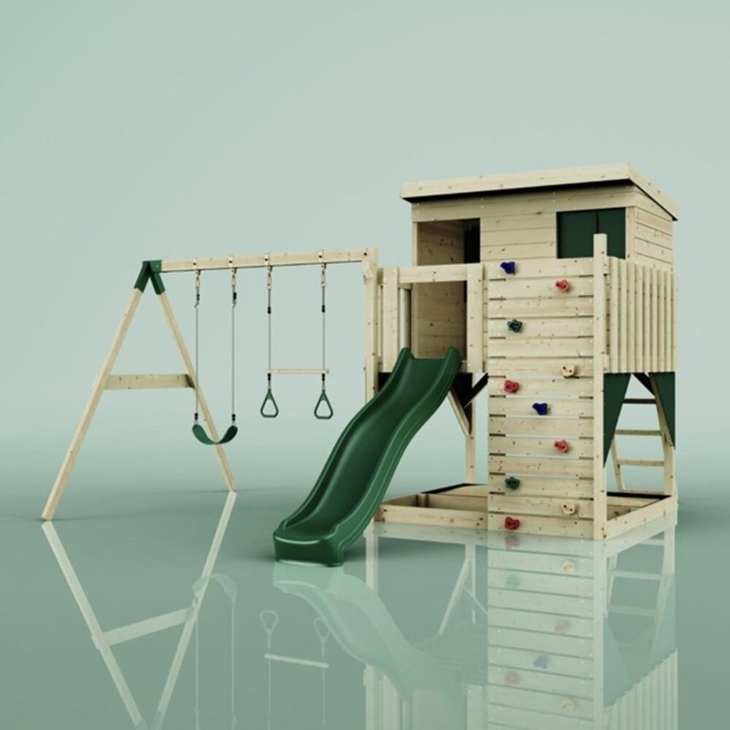 OutdoorToys Nils, Legetårn m/gyngemodul og mørkegrøn rutsjebane, 396x415x260 cm