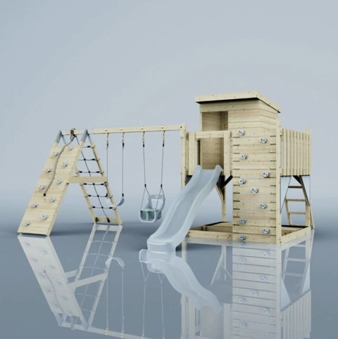 OutdoorToys Frida, Legetårn m/klatremodul og blå rutsjebane, 468x415x260 cm