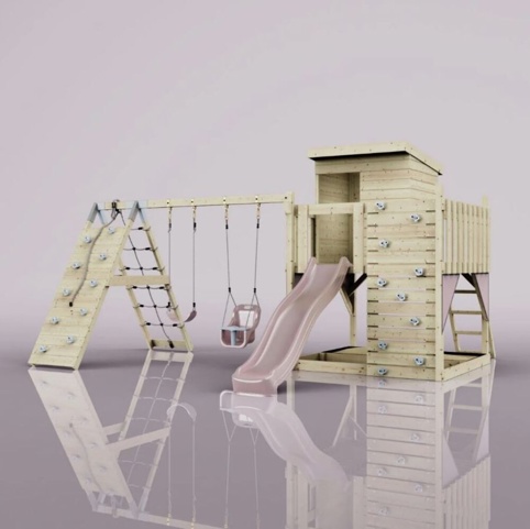 OutdoorToys Frida, Legetårn m/klatremodul og lyserød rutsjebane, 468x415x260 cm
