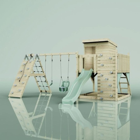 OutdoorToys Frida, Legetårn m/klatremodul og mintgrøn rutsjebane, 468x415x260 cm