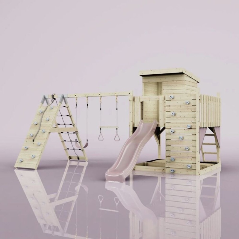 OutdoorToys Frida, Legetårn m/klatremodul og lyserød rutsjebane, 468x415x260 cm