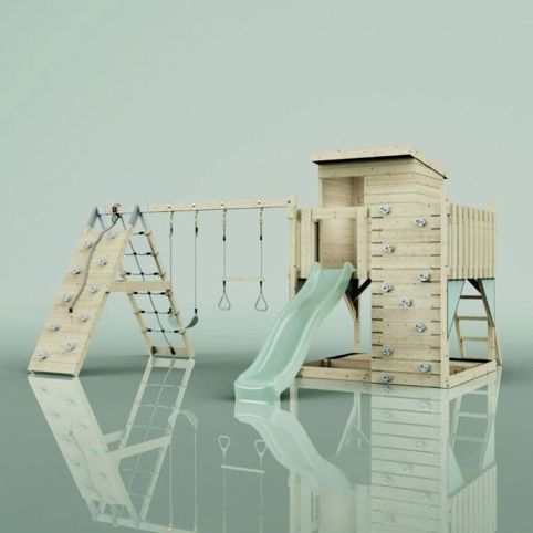 OutdoorToys Frida, Legetårn m/klatremodul og mintgrøn rutsjebane, 468x415x260 cm