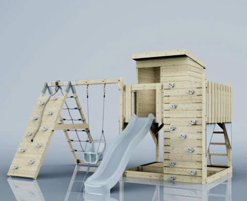 OutdoorToys Freja, Legetårn m/klatremodul og blå rutsjebane, 396x415x260 cm