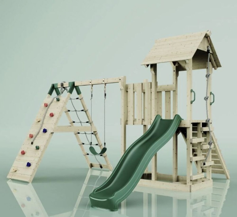 OutdoorToys Farö, Legetårn m/klatremodul og mørkegrøn rutsjebane, 396x415x260 cm