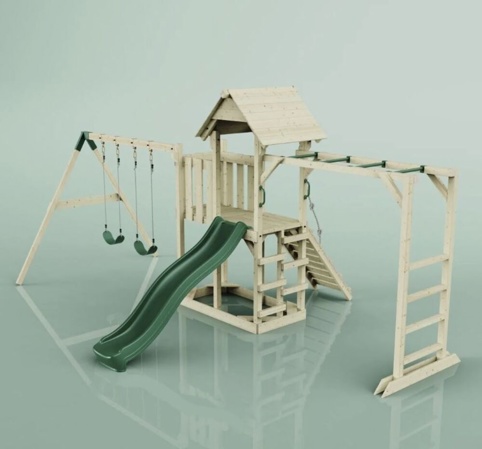 OutdoorToys Helsingborg, Legetårn m/gyngemodul og mørkegrøn rutsjebane, 562x358x275 cm