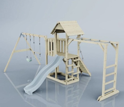 OutdoorToys Helsingborg, Legetårn m/gyngemodul og blå rutsjebane, 562x358x275 cm