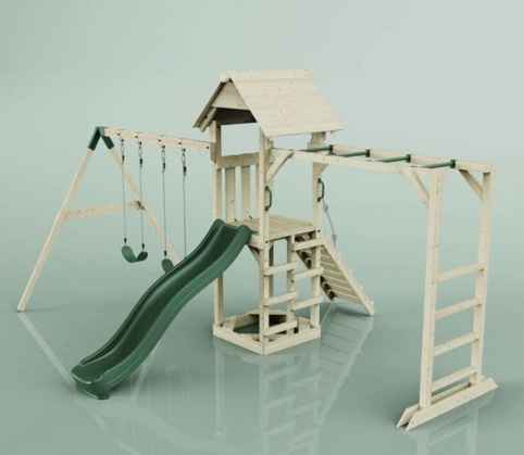 OutdoorToys Örebro, Legetårn m/gyngemodul og mørkegrøn rutsjebane, 491x358x275 cm