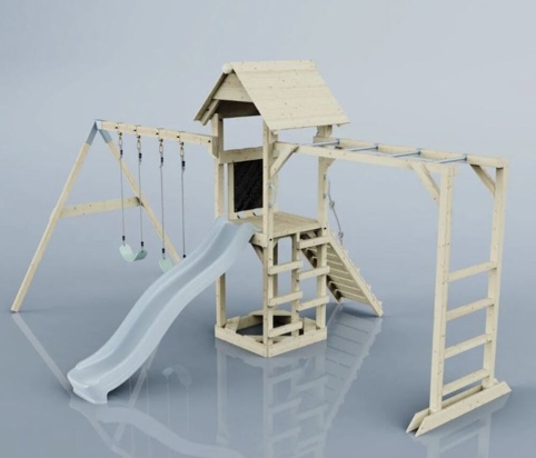 OutdoorToys Örebro, Legetårn m/gyngemodul og blå rutsjebane, 491x358x275 cm