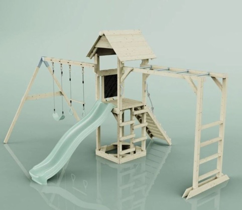OutdoorToys Örebro, Legetårn m/gyngemodul og mintgrøn rutsjebane, 491x358x275 cm