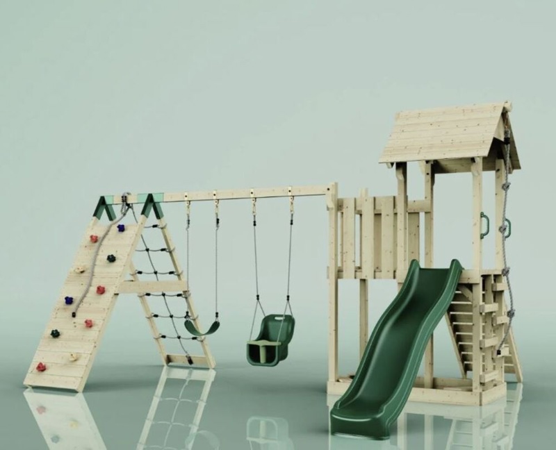 OutdoorToys Roskilde, Legetårn m/klatremodul og mørkegrøn rutsjebane, 451x357x274 cm