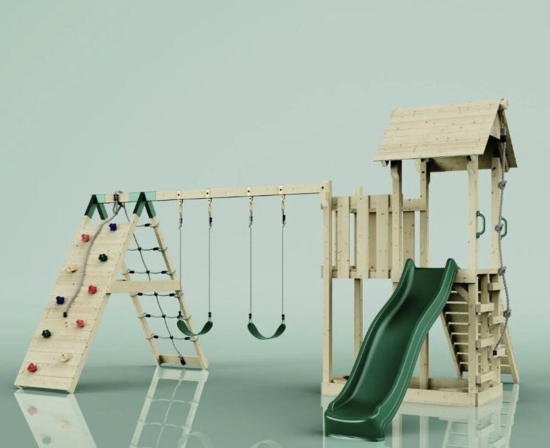 OutdoorToys Roskilde, Legetårn m/klatremodul og mørkegrøn rutsjebane, 451x357x274 cm