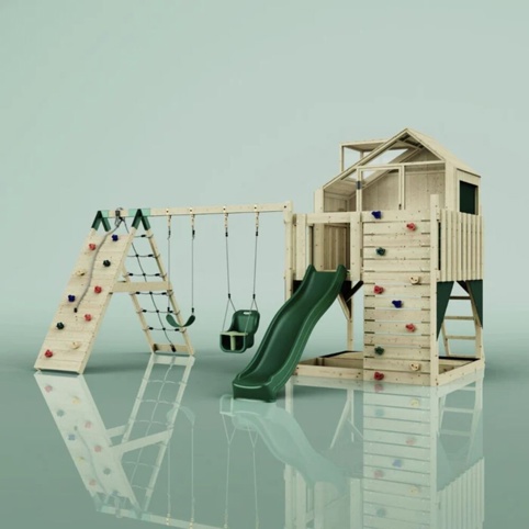 OutdoorToys Oscar, Legetårn m/klatremodul og mørkegrøn rutsjebane, 472x415x292 cm