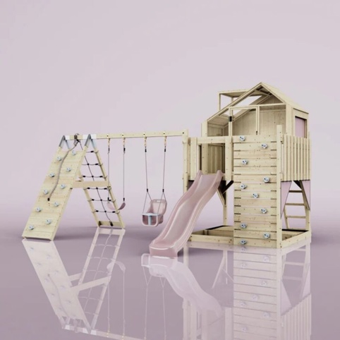 OutdoorToys Oscar, Legetårn m/klatremodul og lyserød rutsjebane, 472x415x292 cm