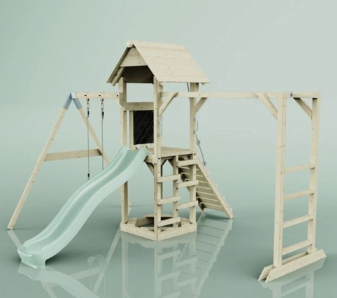 OutdoorToys Malmö, Legetårn m/gyngemodul og mintgrøn rutsjebane, 400x358x275 cm