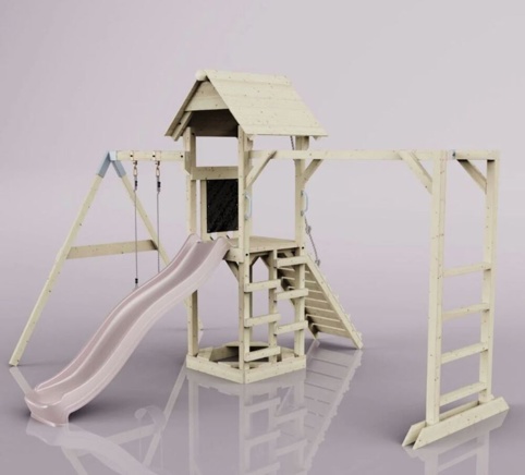 OutdoorToys Malmö, Legetårn m/gyngemodul og lyserød rutsjebane, 400x358x275 cm
