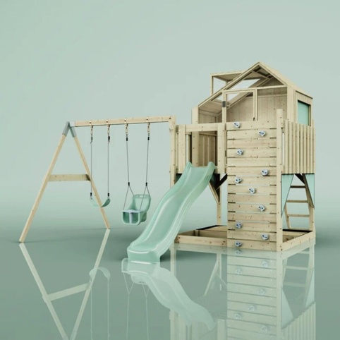 OutdoorToys Lasse, Legetårn m/gyngemodul og mintgrøn rutsjebane, 400x415x291 cm