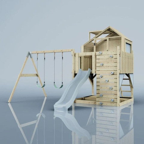 OutdoorToys Lasse, Legetårn m/gyngemodul og blå rutsjebane, 400x415x291 cm