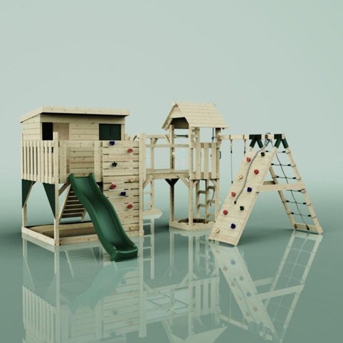 OutdoorToys Bene, Legetårn m/klatremodul og mørkegrøn rutsjebane, 490x503x274 cm