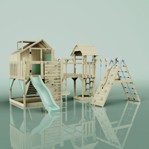 OutdoorToys Bo, Legetårn m/klatremodul og mintgrøn rutsjebane, 490x503x291 cm