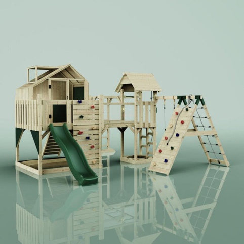 OutdoorToys Bo, Legetårn m/klatremodul og mørkegrøn rutsjebane, 490x503x291 cm