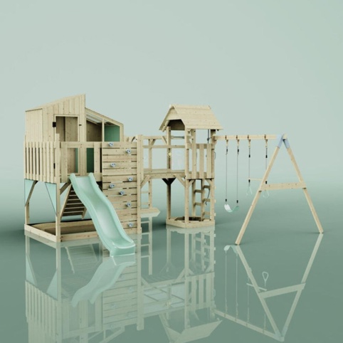 OutdoorToys Emma, Legetårn m/gyngemodul og mintgrøn rutsjebane, 490x503x291 cm