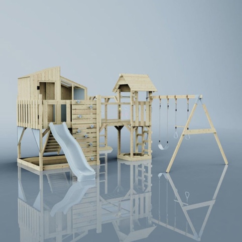 OutdoorToys Emma, Legetårn m/gyngemodul og blå rutsjebane, 490x503x291 cm