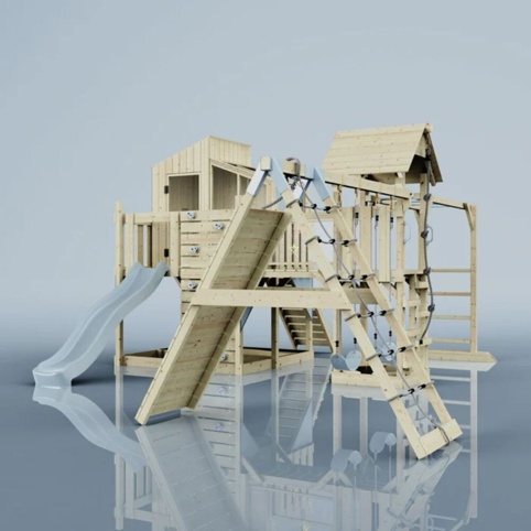 OutdoorToys Gustav, Legetårn m/klatremodul og blå rutsjebane, 562x503x291 cm