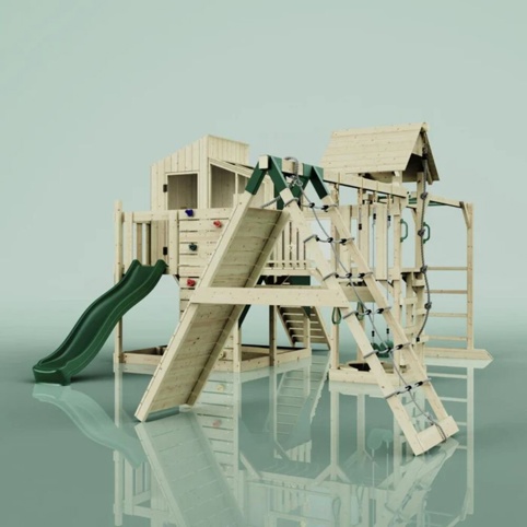 OutdoorToys Gustav, Legetårn m/klatremodul og mørkegrøn rutsjebane, 562x503x291 cm