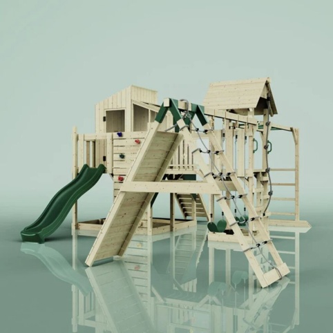 OutdoorToys Gustav, Legetårn m/klatremodul og mørkegrøn rutsjebane, 562x503x291 cm