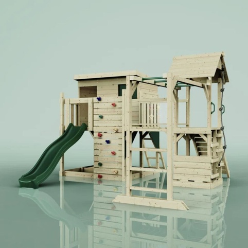 OutdoorToys Isak, Legetårn m/mørkegrøn rutsjebane, 444x406x274 cm