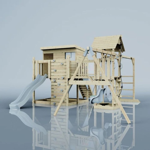 OutdoorToys Johanna, Legetårn m/gyngemodul og blå rutsjebane, 490x503x274 cm
