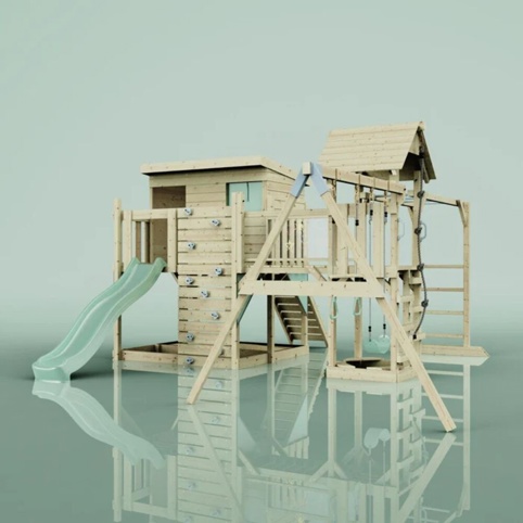 OutdoorToys Johanna, Legetårn m/gyngemodul og mintgrøn rutsjebane, 490x503x274 cm
