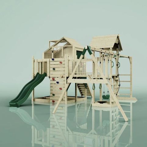 OutdoorToys Knut, Legetårn m/gyngemodul og mørkegrøn rutsjebane, 490x503x291 cm