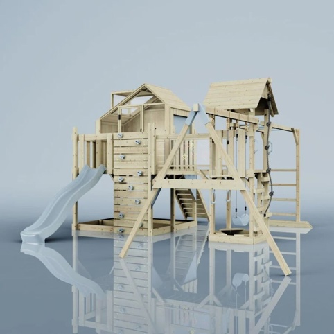 OutdoorToys Knut, Legetårn m/gyngemodul og blå rutsjebane, 490x503x291 cm
