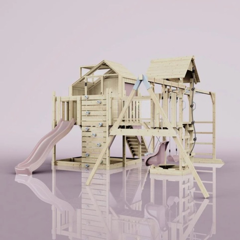 OutdoorToys Knut, Legetårn m/gyngemodul og lyserød rutsjebane, 490x503x291 cm